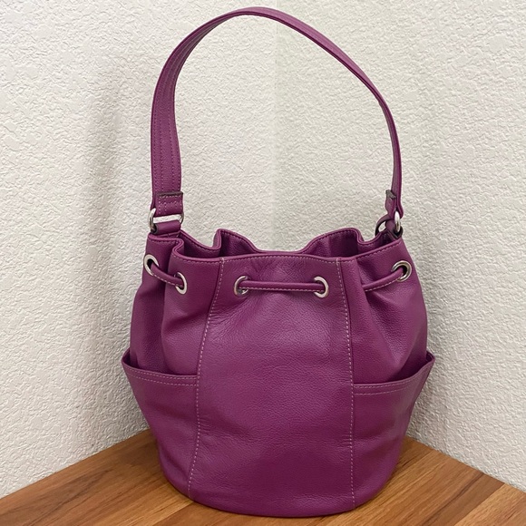 TIGNANELLO Purple Magenta Pebbled Leather Drawstring Tassel Bucket Shoulder Bag - Picture 12 of 16